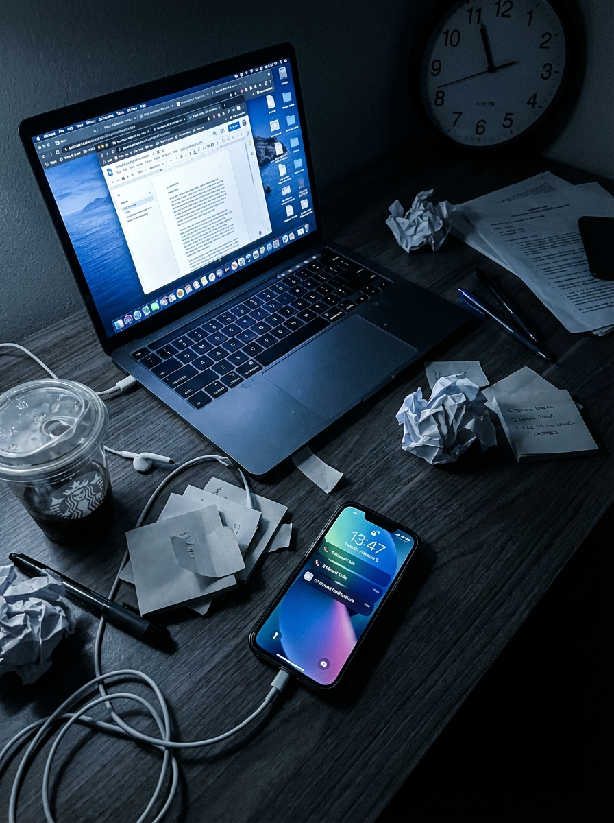 Bureau en chaos — laptop ouvert, post-its, notifications, café froid