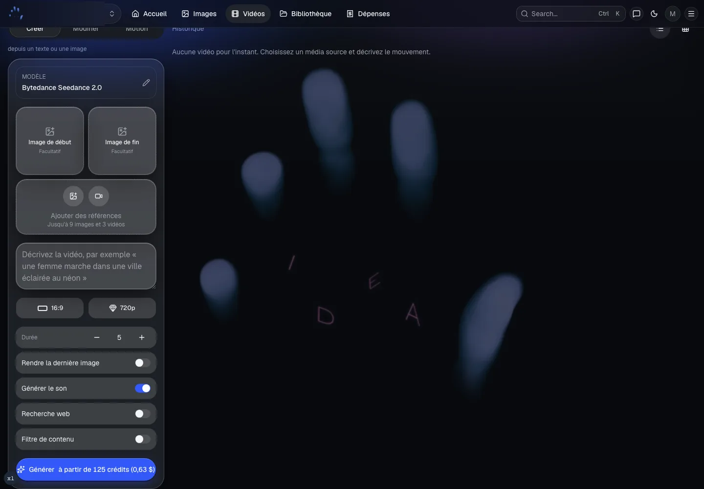 Le panneau de création vidéo d’IDEA